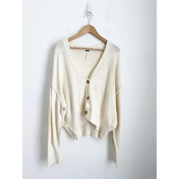 Free People Found My Friend Cardigan Sweater Ivory Boucle Medium - Picture 2 of 6